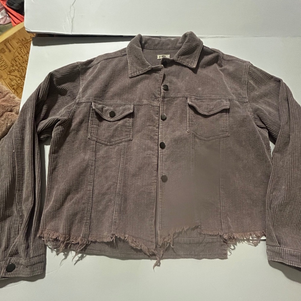 POL Mauve Corduroy Raw Hem Button Down Shacket Jacket Large Boho Grunge Edgy